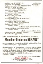 Frédérick BENAULT époux de Dame Mireille BERTRAND, décédé à Ottignies, le 02 Juin 2008 (52 ans).